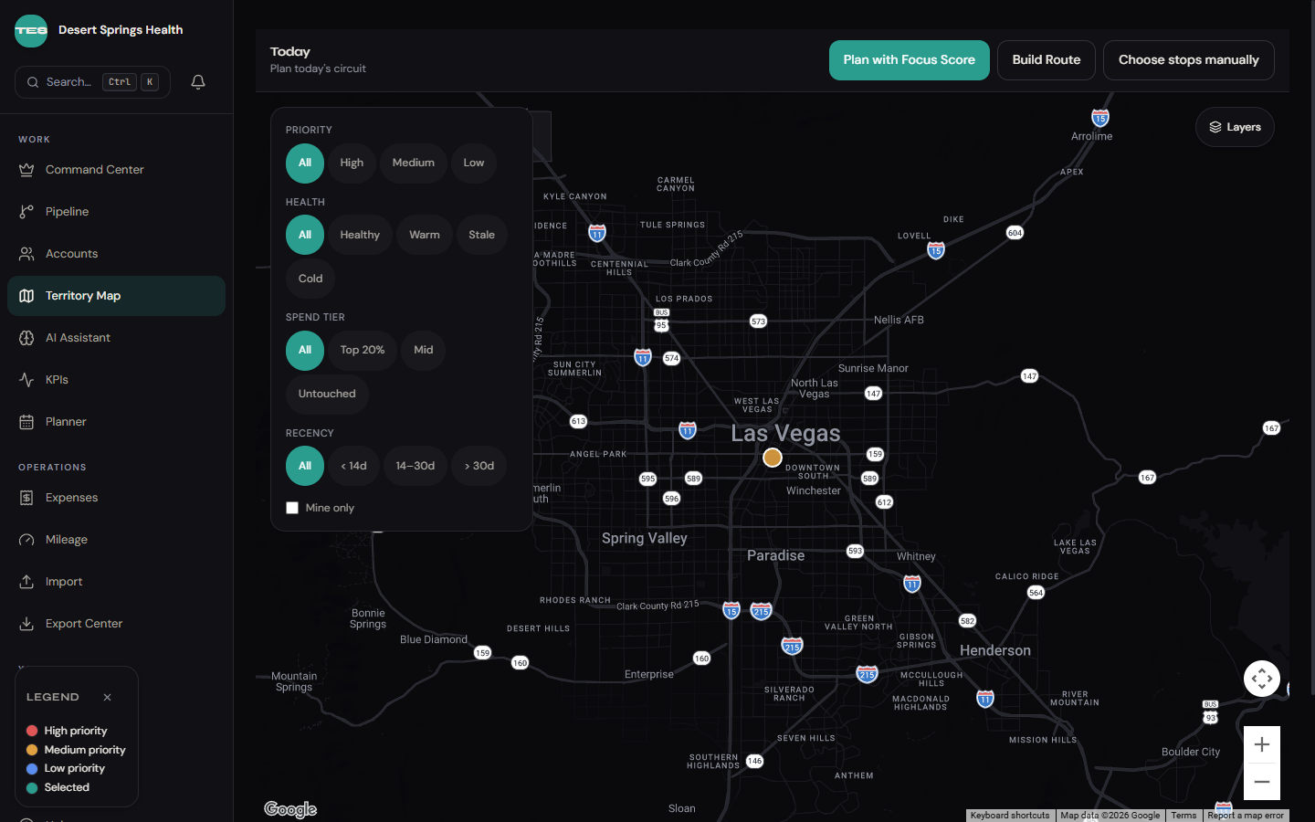 Territory Intel Pro territory map: dark basemap of the service area with an account pin, priority and health filters, and route planning actions.