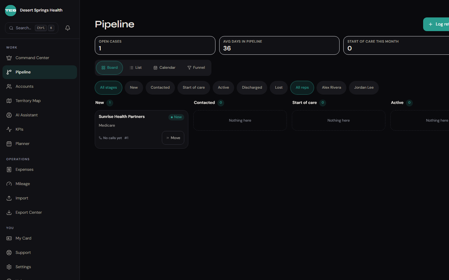 Territory Intel Pro referral pipeline: Kanban board with stage columns, stage and rep filters, and a referral card in dark theme.